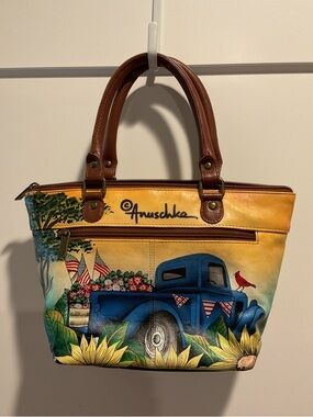 ANUSCHKA Blue Truck Barn Hand-Painted Leather Purse Handbag